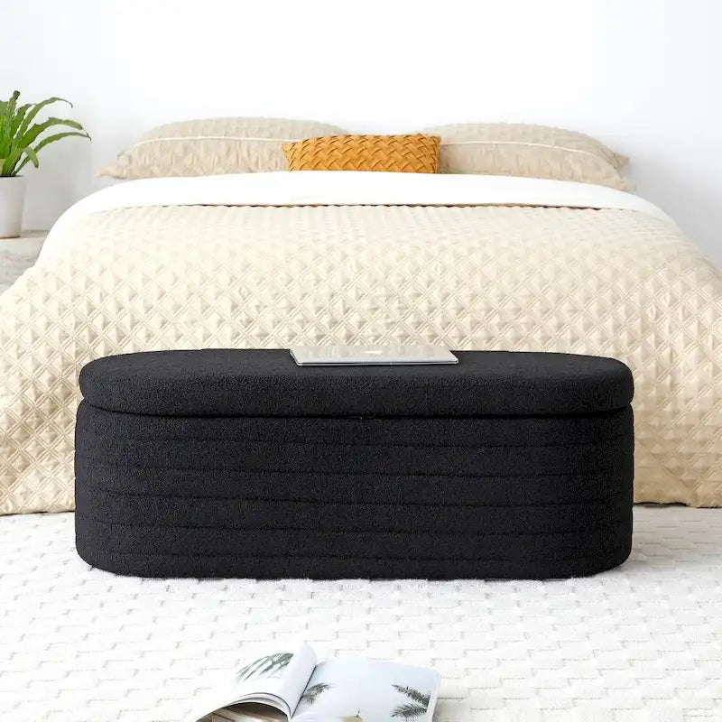 Banco de almacenamiento tapizado de sherpa negro, 1–2 personas