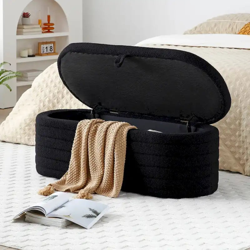 Banco de almacenamiento tapizado de sherpa negro, 1–2 personas