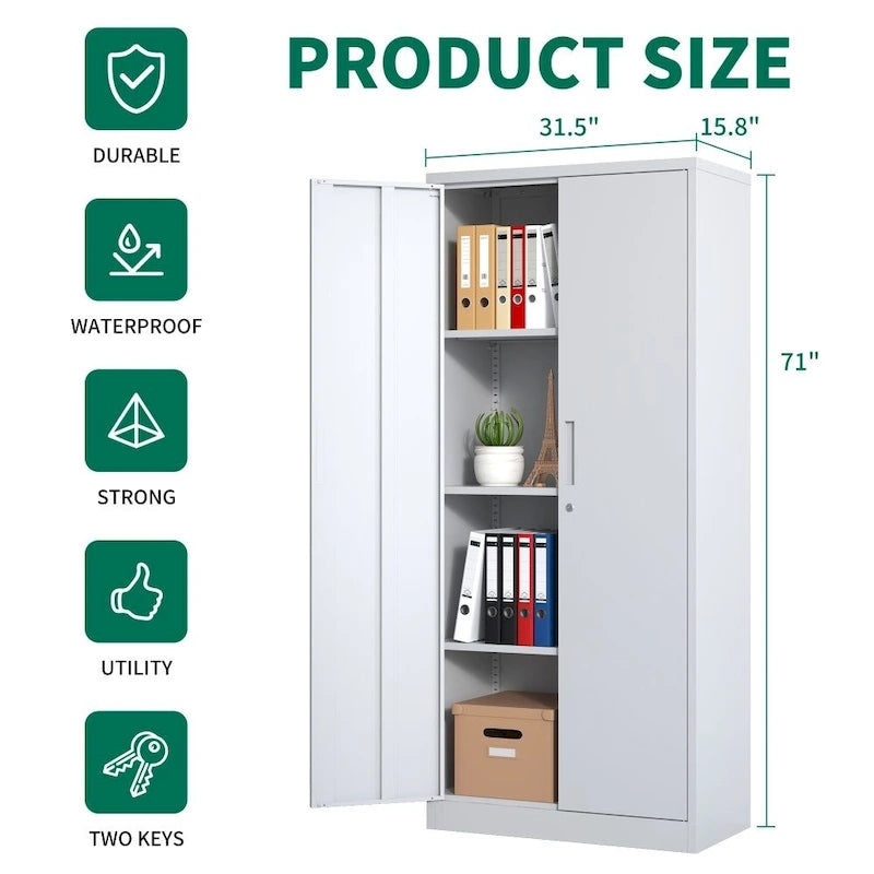 Armario metálico de almacenamiento de 71" de alto, blanco/negro – 2 puertas, 3 estantes, montaje por 1 persona