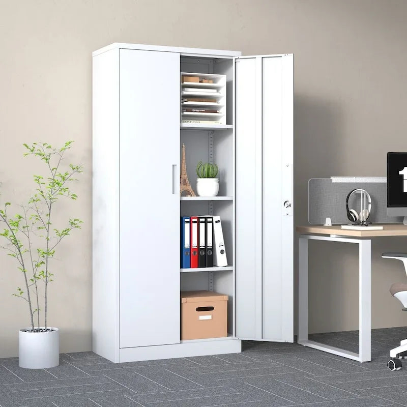 Armario metálico de almacenamiento de 71" de alto, blanco/negro – 2 puertas, 3 estantes, montaje por 1 persona