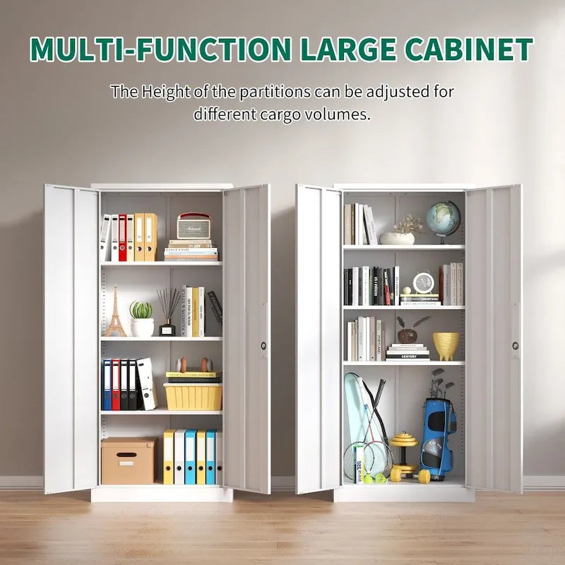 Armario metálico de almacenamiento de 71" de alto, blanco/negro – 2 puertas, 3 estantes, montaje por 1 persona