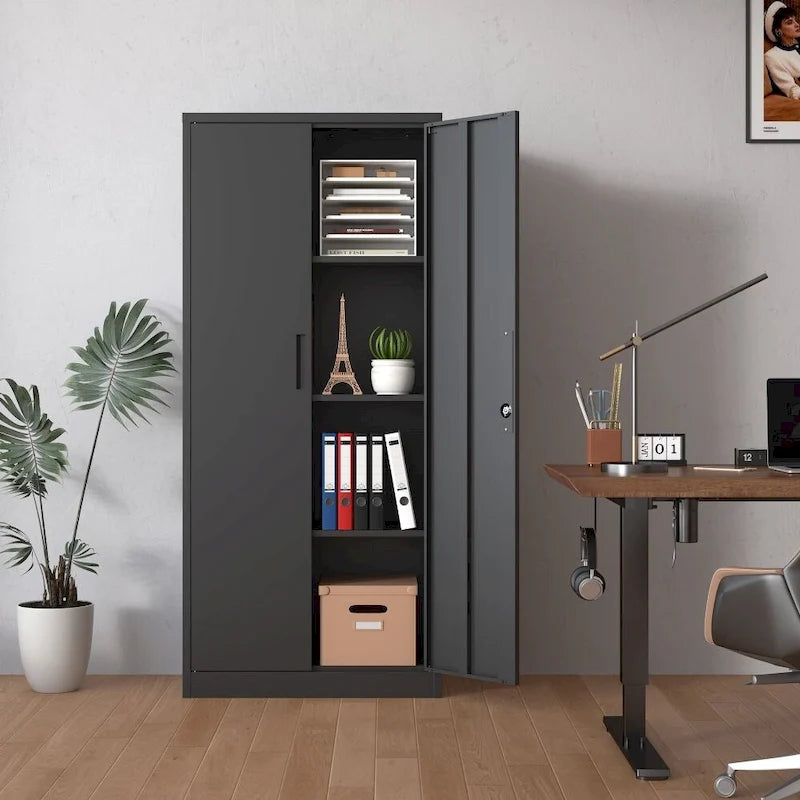 Armario metálico de almacenamiento de 71" de alto, blanco/negro – 2 puertas, 3 estantes, montaje por 1 persona