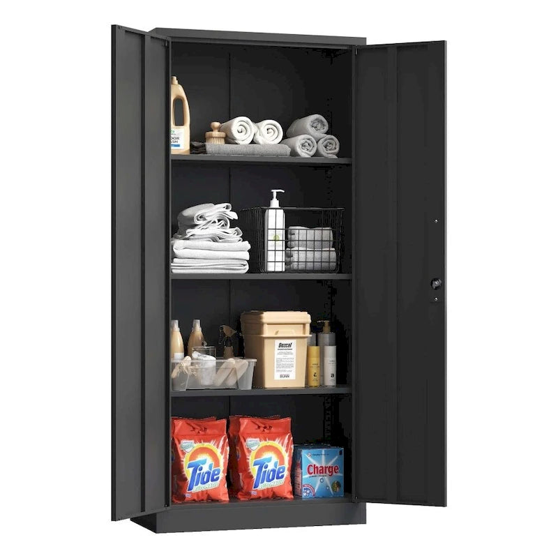 Armario metálico de almacenamiento de 71" de alto, blanco/negro – 2 puertas, 3 estantes, montaje por 1 persona