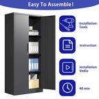 Armario metálico de almacenamiento de 71" de alto, blanco/negro – 2 puertas, 3 estantes, montaje por 1 persona