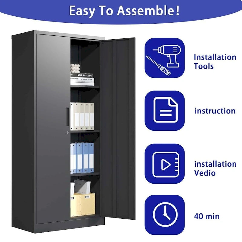 Armario metálico de almacenamiento de 71" de alto, blanco/negro – 2 puertas, 3 estantes, montaje por 1 persona